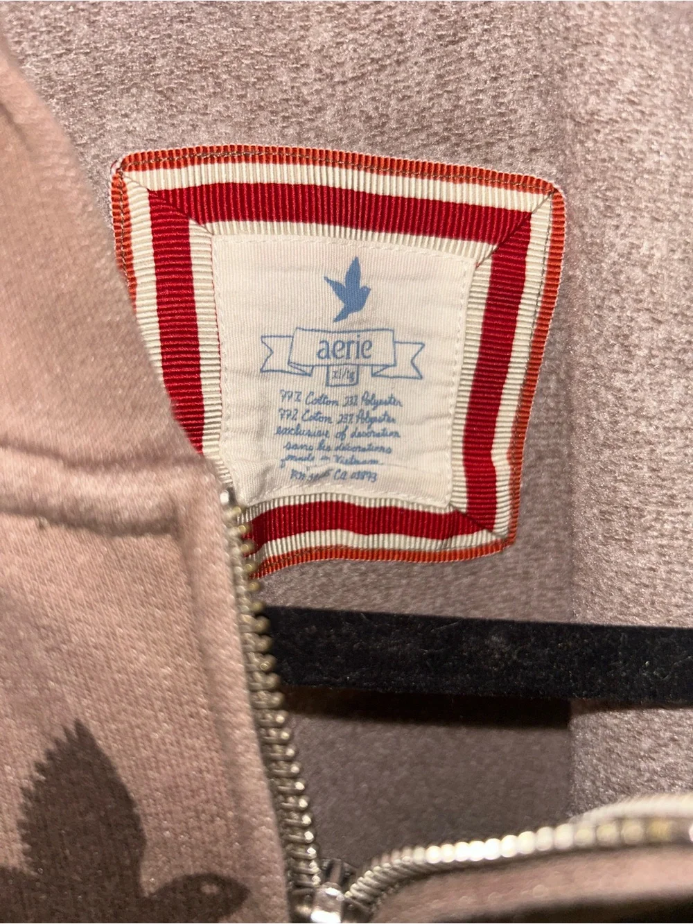 aerie Taupe Zip-Up Hoodie with Dark Brown Bird Print - Picture 2 of 2